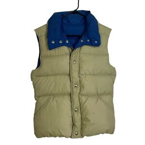 Vintage Comfy Goose Down Vest Medium Mens Blue Beige Reversible Snap Outdoor USA